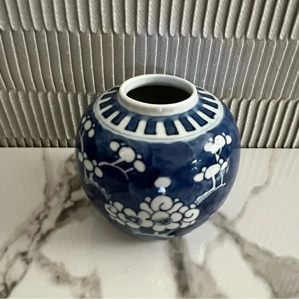 Vintage Chinoiserie Cherry Blossom Blue White Ginger Jar Floral Vase Home Decor